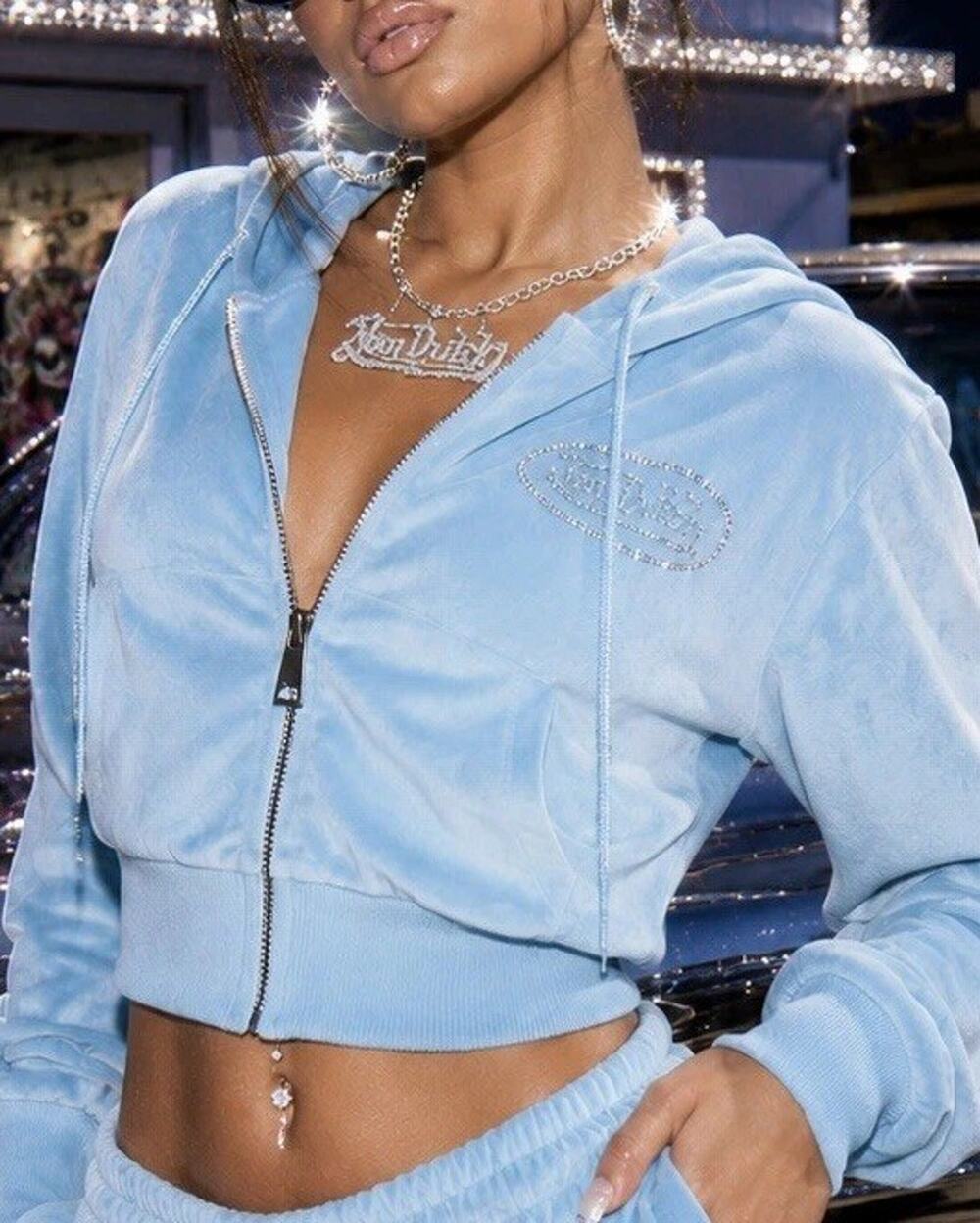 Von Dutch Velour Plus Size 3X Blue Rhinestones Y2K Hoodie Embellished Jacket New
